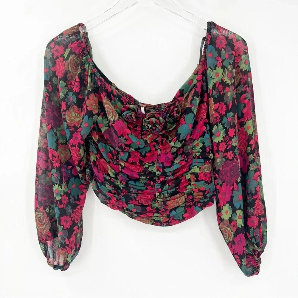 Free People On Lala Floral Long Sleeve Crop Top Women's Size S Festival Boho
